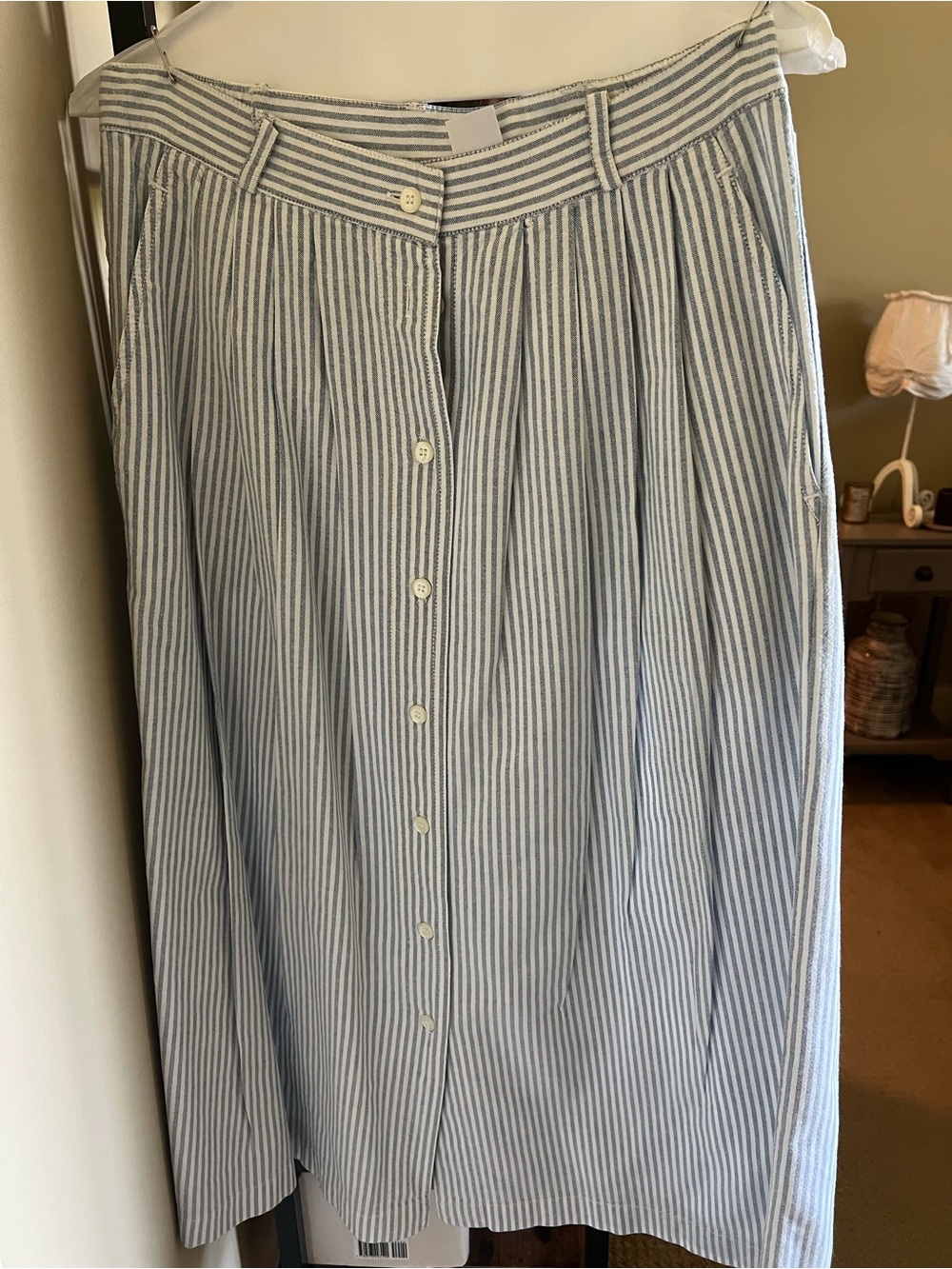 Susan Bristol Blue and White Striped Button-Front Midi Skirt